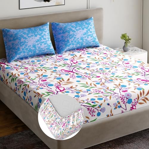 Image of Dreamscape 100% Cotton Fitted Bedsheet for King Bed, 186 TC, 1 Fitted Bed Sheet (Size 72 x 78 inches) with 2 Pillow Covers - Blue