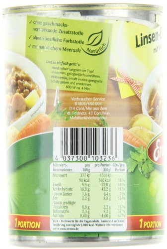 Erasco Linsen-Eintopf mit Würstchen (1 x 400g), In nur 5 Minuten fertig – Ausgewähltes Gemüse – Einfach köstlich - Ohne Schnickschnack (Packung mit 2) – Bild 3