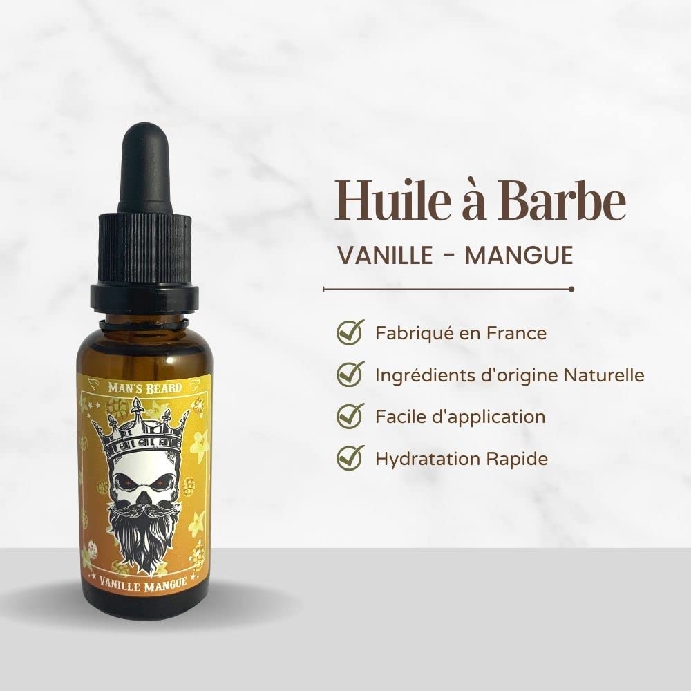 Man's Beard - Coffret Barbe et Moustache - Baume De Barbe 90ml Et Huile à Barbe Parfumé Vanille Mangue 30ml – Ingrédients d’origine Naturelle - 100% Fabrication Française