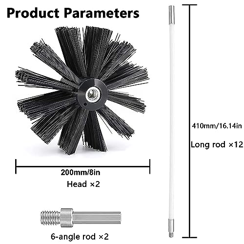 Kaminbürste Stange Set, Durchmesser 200 mm Ofenrohrbürste, Schornsteinbürste Trockenrohr Kaminreinigungsstab Reinigungsbürste Kaminbürste enthält 12 Flexible Stangen 410mm, 2 Bürstenkopf Holzofen