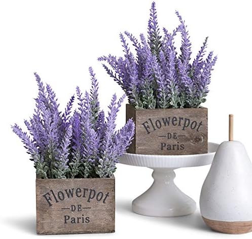 Butterfly Craze Artificial Lavender Plants in Rustic Wooden Planters - Lifelike, Stunning Faux Silk Purple Flowers Perfect for Elevating Your Patio, Home Décor, or Office (Set of Two), Brown Wood