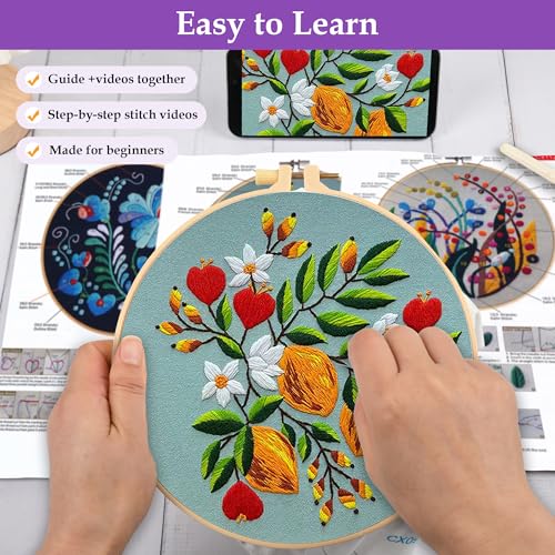 Image of Uniartfy 3 Pack Embroidery Starter Kit for Beginners, Stamped Cross Stitch Kits for Adults with Flowers Plants and Fruits Patterns with 1 Embroidery Hoop and Color Threads, Handmade Needlepoint Kits
