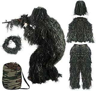 5 in 1 Ghillie Suit Outdoor 3D Hunting Apparel Including Jacket Pants Hood Carry Bag Suitable for Unisex Adults Jungle Woodland Hunting Shooting (L(5.9-6.2ft), Forest Green Woodland)