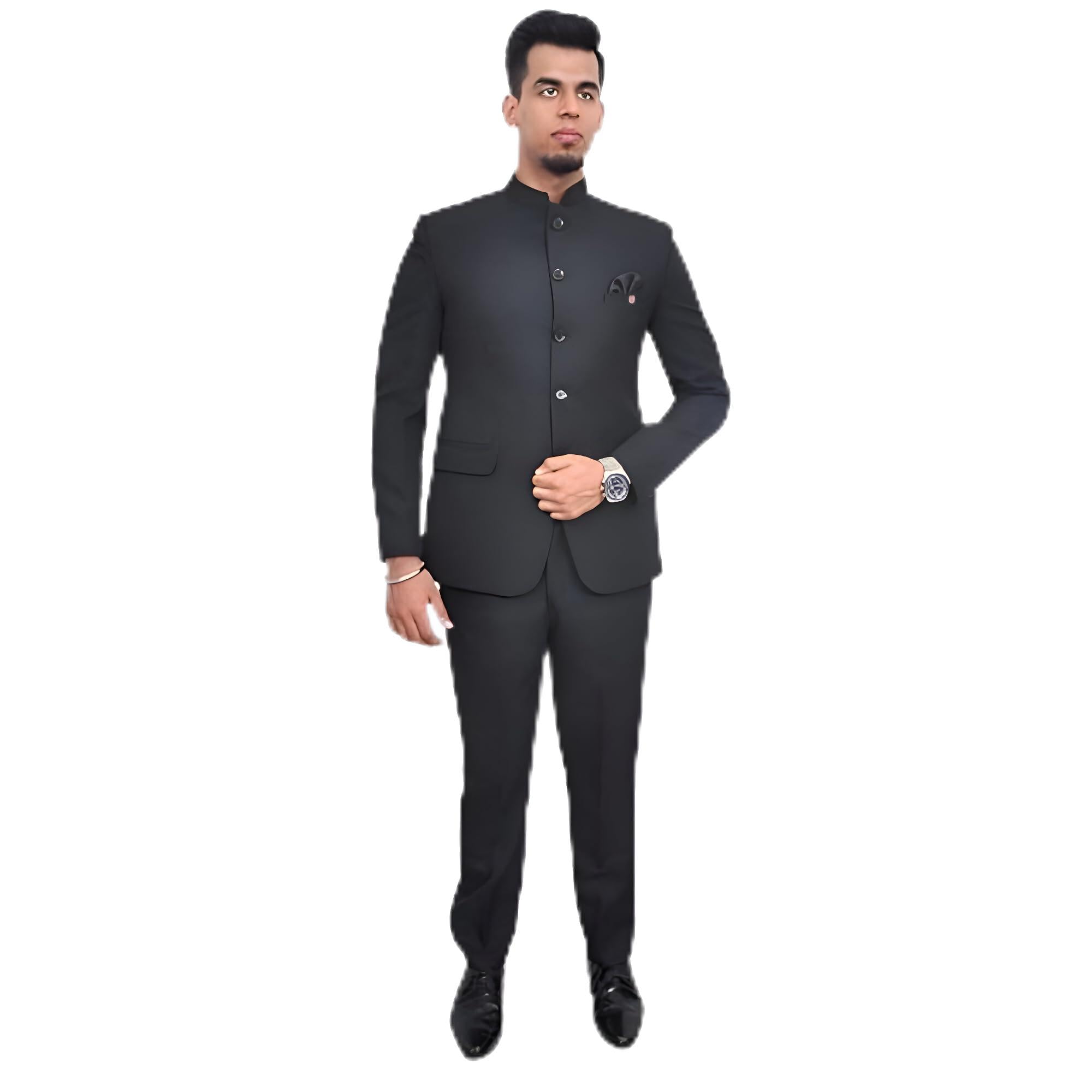 Men's 2Pcs Ethnic Contemporary Wedding Bandhgala Jodhpuri Prince Suit Set (Black)