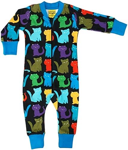 DUNS Sweden Organic Cotton Cats, Black Long Legs and Sleeves Zip Onesie (56cm/1-2M)