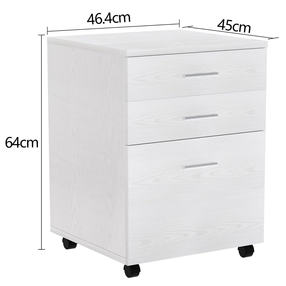 BAKAJI Cassettiera Mobile Scrivania Mobiletto Porta Stampante in Legno MDF con 3 Cassetti e 4 Ruote Girevoli Design Moderno Arredamento Casa Ufficio Dimensione 46,5 x 45 x 64 cm (Bianco Frassinato)