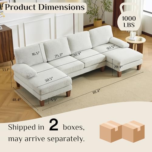 Karl home 110" U-Shape Sectional Couches for Living Room Chenille Upholstery 4 Seat Sofa Set with Double Chaises & Wood Grain Legs for Apartment, White - Image 3