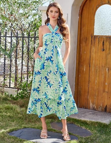 Image of GRACE KARIN Womens Summer Floral Dresses 2026 Boho Maxi Dress Flowy Halter Sundress Casual Vacation Beach Clothes with Pocket