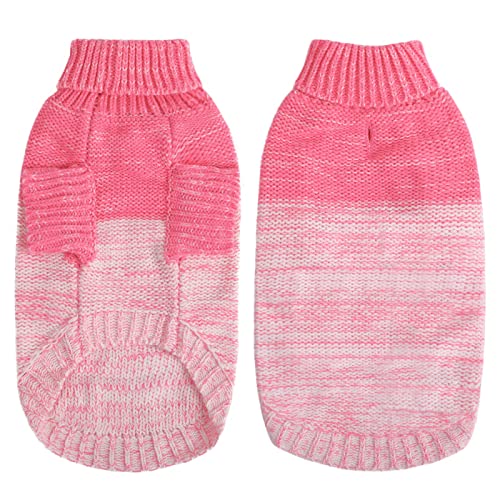 Queenmore Knitted Pullover Dog Sweater, Turtleneck Pet Cat Sweater, Cold Weather Puppy Clothes Stitching Knitwear With Leash Hole For Small Medium Dogs（Pink,L） #TOP1