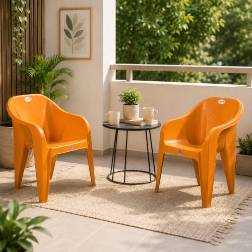 Image of Plastic Arm Chair for Home, Garden, Office, Living Room, Cafeteria Plastic Outdoor Chair | 1 Year Warranty | Color - Orange | Set of 6