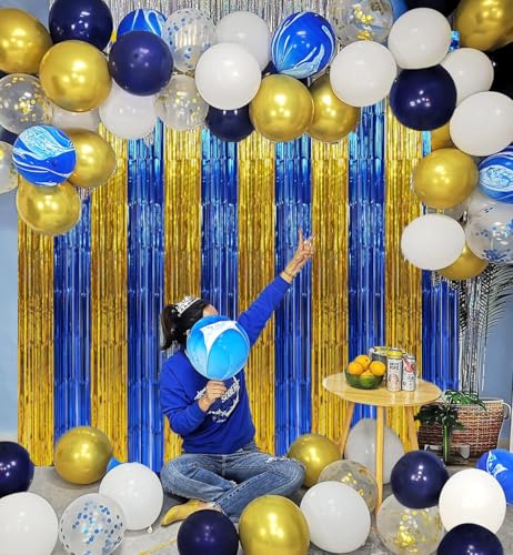 Image of Graduation Party Decoration 2 Pack 3.2x6.6 ft Blue Gold Metallic Tinsel Foil Fringe Streamers Curtain Photo Booth Background for Graduation Prom Wedding Birthday Party Decorations