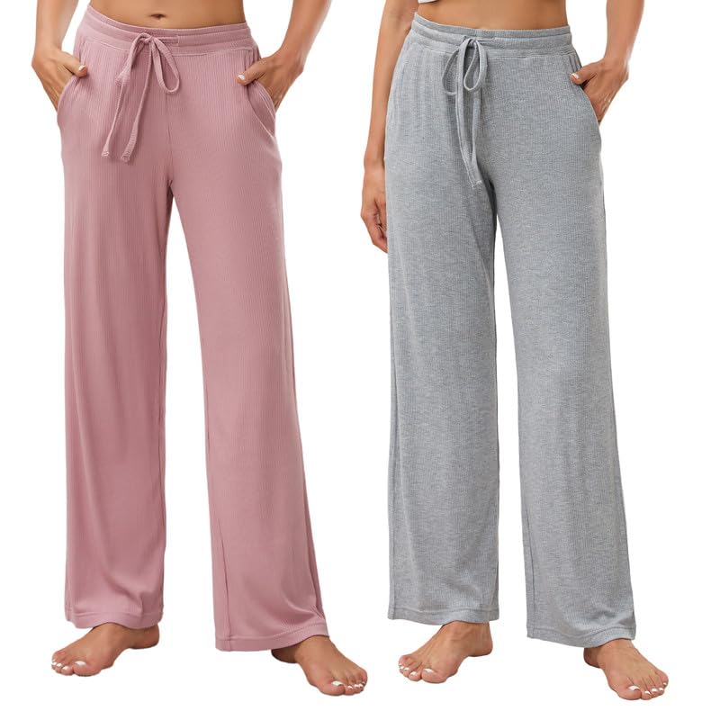 HEARTNICE 2 Pack Women's Pajamas Pants with Pockets Wide Leg Lounge Casual Loose Comfy Stretch Rib Yoga Sweatpants