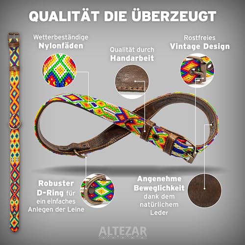 ALTEZAR Hundehalsband Leder - braunes Rindsleder Tribal Farbenrausch durchgehend Bestickt bunt - Handgemacht in Mexiko Lederhalsband Hund - Größe S - für kleine Hunde
