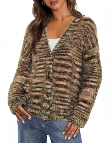 MEROKEETY Women's Fall Fuzzy Colorful Knit Cardigan Sweaters Winter Button Down Boho Casual Long Sleeve Outerwear Top
