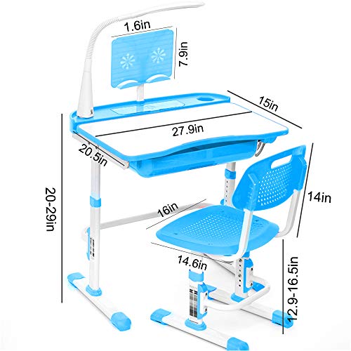 Yinleader Kinderschreibtischstuhl-Set, Höhenverstellbarer Multifunktionsschreibtisch und Stuhl, Blauer Schülerschreibtisch mit Lampe und Bücherständer