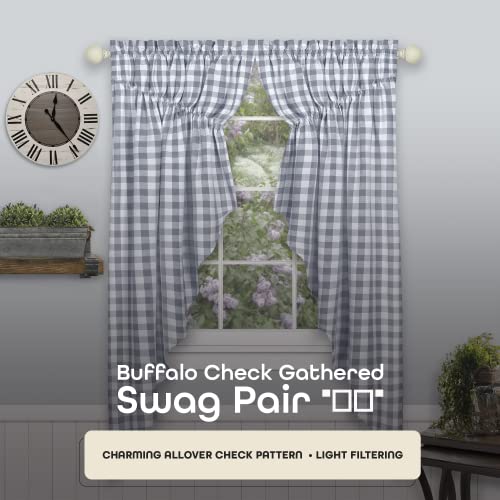 Buffalo Check Gathered Swag Window Curtain Pair - 72 Inch Width, 63 Inch Length - Grey & White Plaid - Light Filtering Farmhouse Country Drapes For Bedroom Living & Dining Room By Achim Home Decor #TOP1