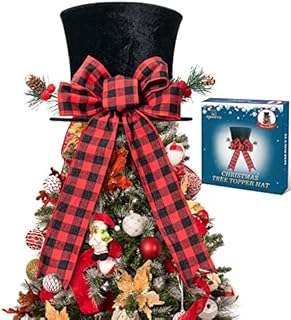 HMASYO 2021 Christmas Tree Topper Hat - Large Red Plaid Velvet Bowler Derby Hat with Candy Bowknot Lengthened Ribbon Christmas Tree Decorations Desktop Ornaments for Holiday Home Decor (Black)