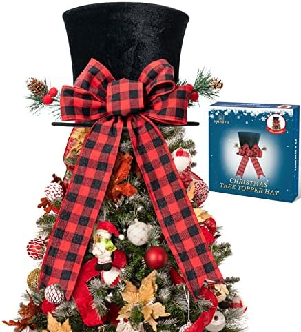 HMASYO Christmas Tree Topper - Upgrade Large Black Tree Topper Hat with Red Buffalo Plaid Bow Christmas Trees Top Decorations Ornaments for Holiday Home Decor Xmas Gift Ideas