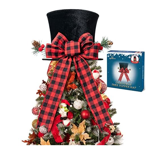 HMASYO Christmas Tree Topper Hat - Upgrade Large Black Velvet Bowler Derby Hat with Red Plaid Bow and Lengthened Ribbon Christmas Tree Decorations Desktop Ornaments for Holiday Home Decor (Black)