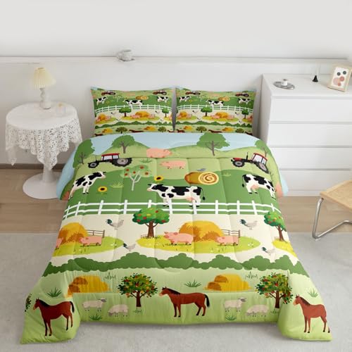 Image of Feelyou Kids Cartoon Farm Animals Comforter Set Girls Boys Cute Pig Cow All Season Down Comforter Kawaii Horse Chicken Duck Bedding Set Room Decor Funny Farm Nursery Quilt King Size 3Pcs Boys