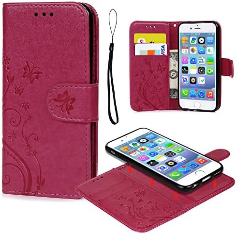 SUPWALL iPhone 6 6S Case, iPhone 6 6S Wallet Case Embossed Butterfly PU Leather Cover Detachable Magnetic Wallet with Card Slots and Wrist Strap for iPhone 6 6S 4.7 inch Hot Pink