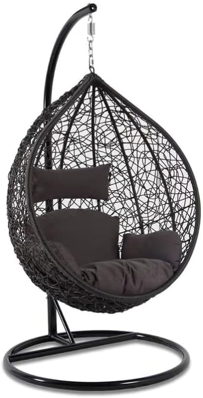 Image of Single Seater Swing Chair with Stand & Cushion Outdoor Indoor Balcony Garden Patio, Powder Coated Frame, UV-Protected Wicker, Premium Cushion, Swing Chair (Black-Brown)