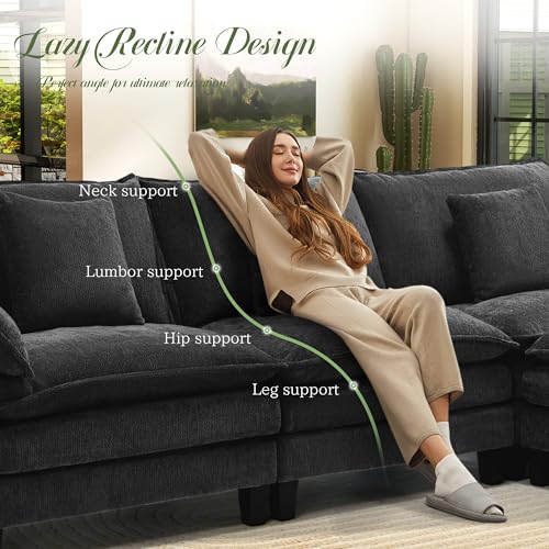 Image of Cloud Couch, 106 inch Modular Sectional Sofa with Movable Ottoman, U Shaped Modern Sofa with Pillows, Deep Seat Couches for Living Room, Bedroom and Apartment, Comfy Couch, Black