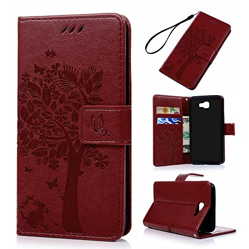 Badalink J5 Prime Case,Galaxy J5 Prime Case - Wallet Case Folio Stand Case 3D Embossed Tree PU Leather Case Shockproof TPU Inner Bumper Card Slots Hand Strap Slim-Fit Protective Cover Red