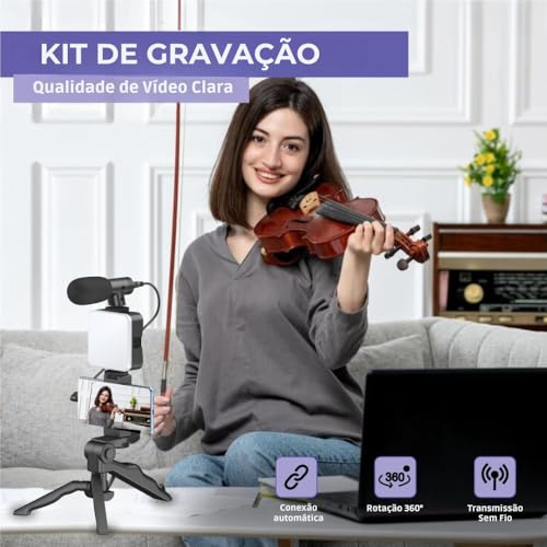 Tripé Suporte de Celular com Luz LED e Microfone P2 - Bastão de Selfie, Controle Sem Fio, Tripod Est