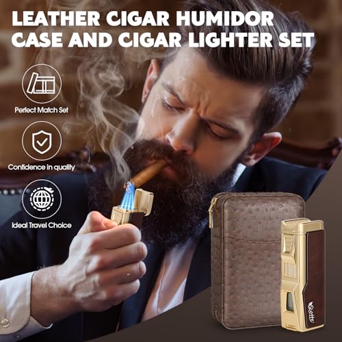 Scotte Cigar Humidor Box, Cigar Lighter Cedar Wood Lined Leather Cigar Case Built in Hygrometer & Humidifier, Torch Lighter with Cigar Holder Cigar Punch Portable Travel Cigar Humidor Kit(No Butane)