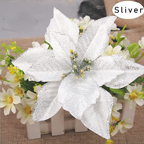 Jk-Gmte 27 Pcs Sliver Glitter Christmas Poinsettia Artificial Flowers With Stems Xmas Flowers For Christmas Tree Wreath Wedding Decorations (27, Sliver) #TOP3
