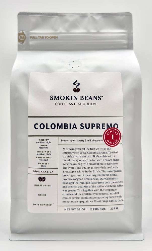 Smokin Beans 2-Pound Colombia Supremo Freshly Roasted Coffee, Washed Processing, Full City Roast, Premium Whole Bean Specialty Coffee