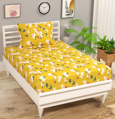 Image of HOMEKART (110 TC & 110 GSM 100% Cotton Feel Bedsheet for Single Bed with One King Size Pillow Covers Soft /Breathable Wrinkel Free -60x90 Inches - (Yello)