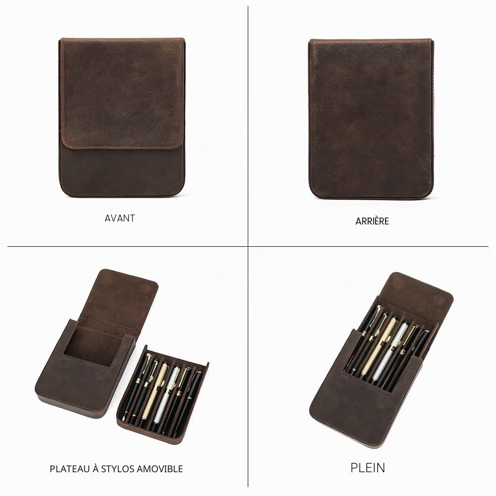 Étui à crayons en cuir véritable, porte-crayon vintage, accessoires de bureau élégants, boîte d'organisation pour voyage, Café 1-6, Medium