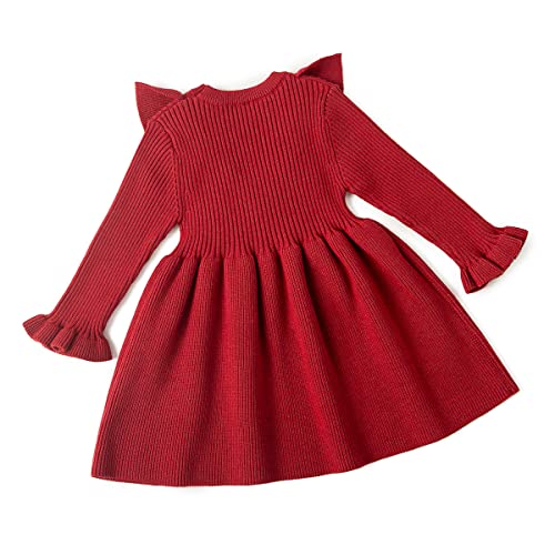 Curipeer Infant Toddler Girls Sweater Dresses Long Sleeve Ribbed Knit Pullover Ruffle Cozy Dress 2T A-Red #TOP1