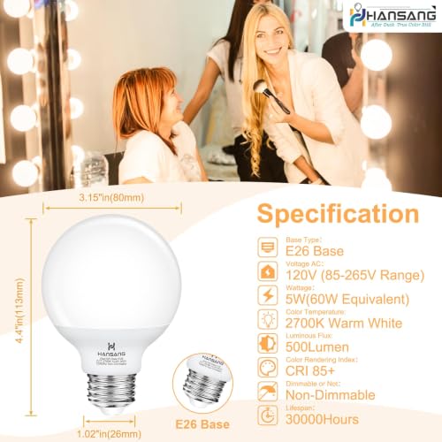 Image of 12 Pack G25 LED Vanity Barthroom Light Bulb 60W Equivalent 2700K Warm White | E26 LED Light Bulbs, CRI85+ Eye-Friendly, Type G Round Light Bulb for Makeup Mirror, 120V, 5W, 500LM No-flicker, Non-Dimmable