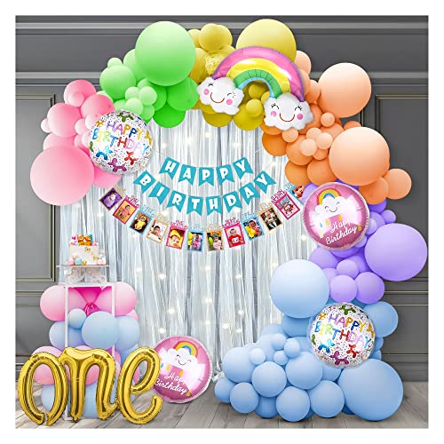 SpecialYou.in 1st birthday decoration with monthly Photo banner for boys, girls in Pastel Rainbow net fabric backdrop with Balloon Garland arch tape, Fairy LED lights - 72 Pc Set,month wise frame