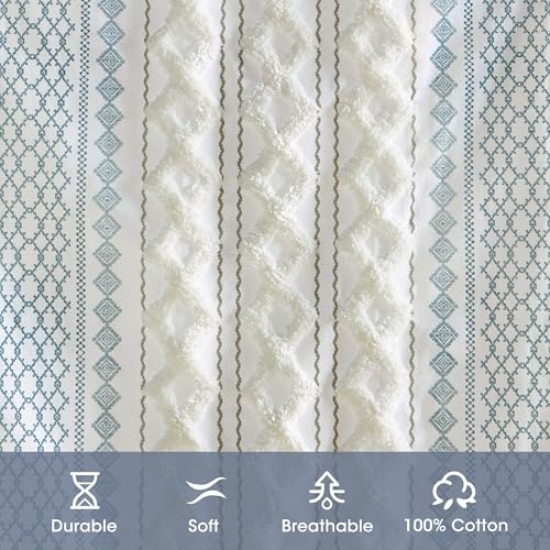Image of Ink+Ivy Boho Curtain for Bedroom Single Panel Window Curtain for Living Room, 100% Cotton Tufted Chenille Stripe Modern Farmhouse Curtain Light Filtering Drape for Bedroom, 50 inch x 84 inch, Ivory /Navy