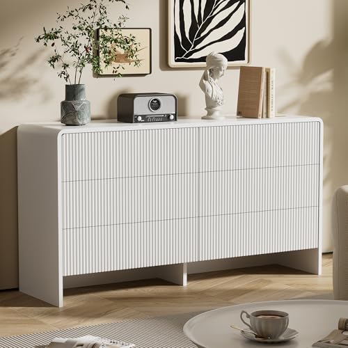 Image of Furniway 55 inch Wide Modern Dresser for Bedroom, 6 Drawer Chest of Drawers with Curved Design, Push-to-Open Storage Dresser, White