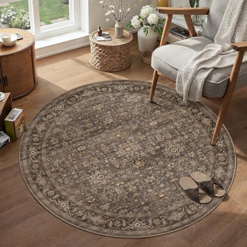 3x3 Washable Round Rug for Entryway Vintage Brown Non Slip Low Pile Carpet Traditional Retro Soft Cirlce Rug for Entrance Bathroom Door Mat Indoor Dor