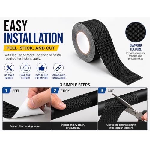 Image of Diamond Texture Rubber Grip Tape for Handles and Surfaces | Anti Skid Adhesive Tape for Heavy Grip on Indoor and Outdoor Stairs, Gadgets, DIY Tools Use-(2In x 16.4Ft), Black