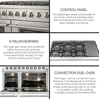 FORNO Galiano 48" Inch All Gas Double Oven Freestanding Gas Range with 8 Sealed Burners Cooktop 107,000 BTU and 6.58 Cu. Ft. Double Convection Oven - Stainless Steel Cast Iron Grates.