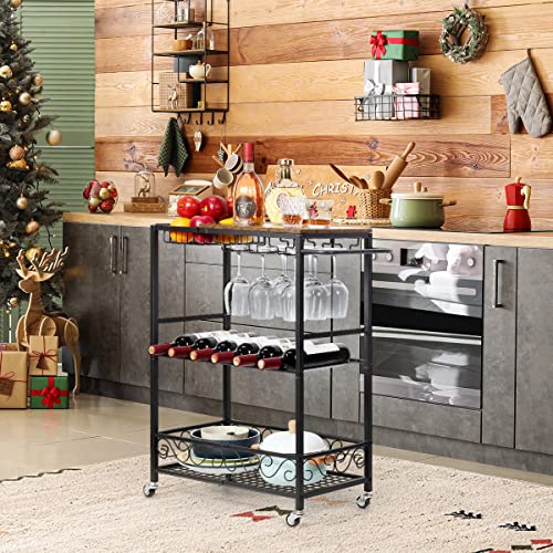 Melos Bar Cart, 3 Tier Mobile Bar Serving Cart, Rolling Wine Cart With Glass Stemware Rack And Wine Bottle Holders, Industrial Style Kitchen Serving Cart For, Kitchen, Living Room, Dining Room(Brown) #TOP1