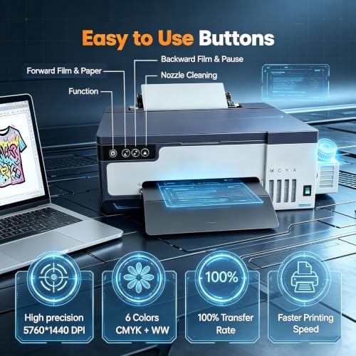 Image of A3 DTF Printer with Roll Feeder, XP600 Printhead 5760x1440DPI, DTF Transfer Printer Machine with Built-in White Ink Stirrer & Auto Cleaning, for T-Shirt Textile Printing (A3 Printer)