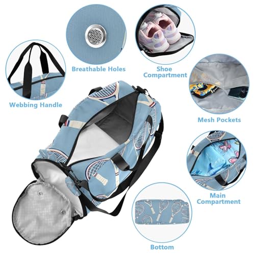 Travel Duffle Bag for Kids Boys Girls Tennis Racket Blue Sports Bag Overnighter Duffle Sleepover Weekender with Shoes Compartment3