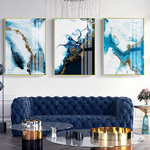 Toile abstraite bleu marbre moderne poster salon décoration murale nordique sans cadre 3 pièces