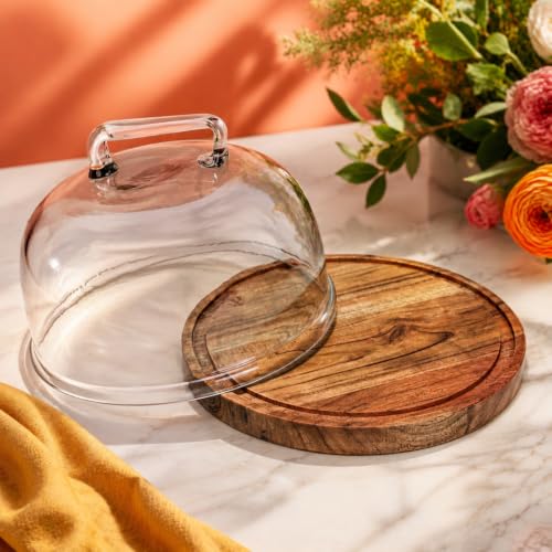 Image of Sweet Vault Acacia Wood Cake Stand with Glass Dome | Multipurpose Serving Cake Plate | Dessert Cupcake Pastry Display Stand | Round Cake Cutting Holder