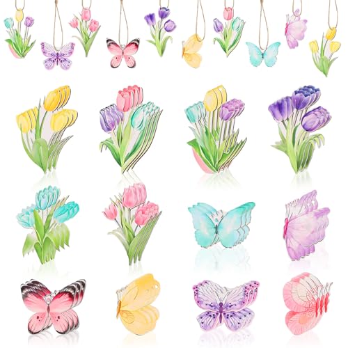 CCINEE 36pcs Spring Tulip Wooden Hanging Ornaments Butterfly Flower Spring Tree Ornaments Tags for Valentines Day Easter Party Home Office Classroom Hanging Decorations