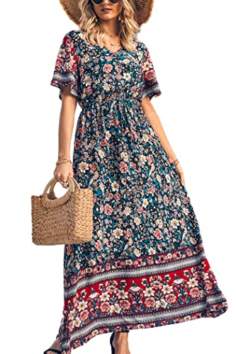 Image of PRETTYGARDEN Women's Casual Summer Boho Floral Print Dress V Neck Short Sleeve High Waist Long Maxi Beach Dresses