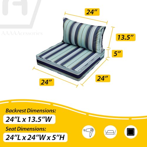 Image of AAAAAcessories Outdoor Seat Cushions for Chairs, Fade-Resistant, Waterproof Patio Furniture Replacement Cushions, 24 inch x 24 inch x 5 inch + 24 inch x 13.5 inch, Ash Teal Seaside Stripe
